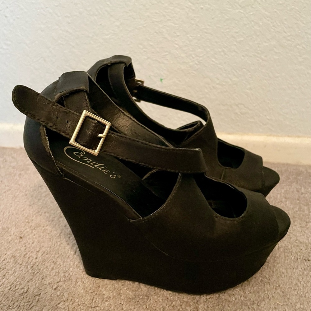 Candies Black Platform Wedge Open Toe Strappy Heels Sandals Size 6.5